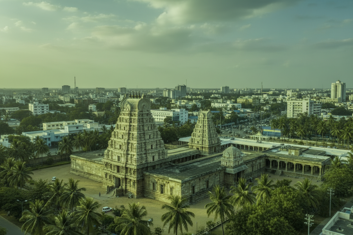 Coimbatore scene in green tones, illustrating hard water effects on hair and skin