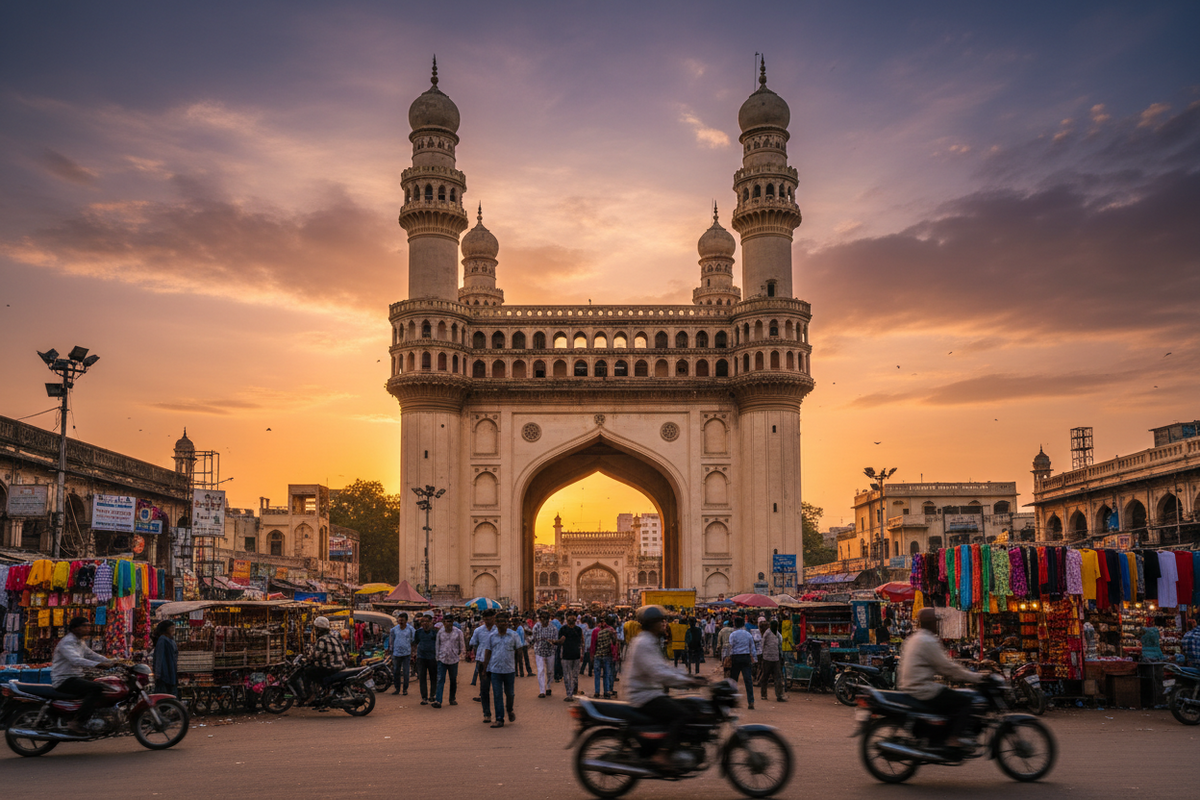 Charminar in Hyderabad, illustrating Manjeera, Krishna and Godavari tap water sources
