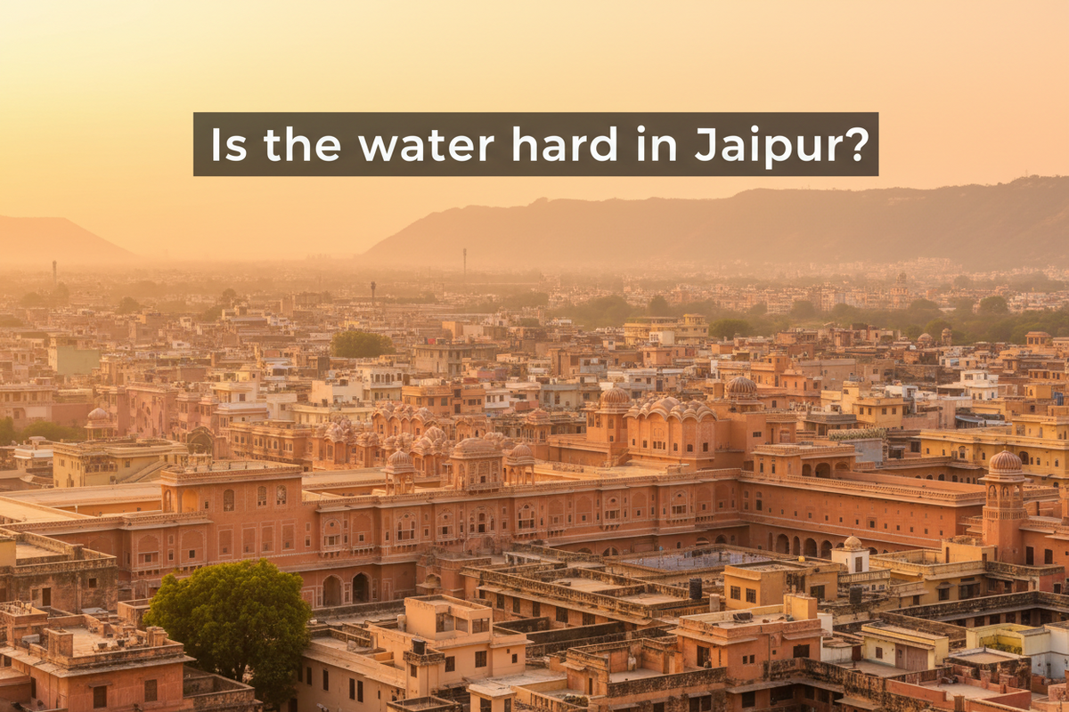 Jaipur cityscape with the overlay question is the water hard in Jaipur