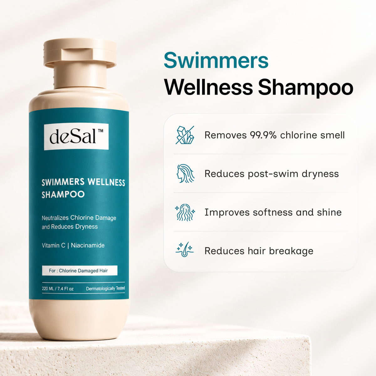 Swimmers Wellness Shampoo benefits - removes 99.9% chlorine smell, reduces post-swim dryness