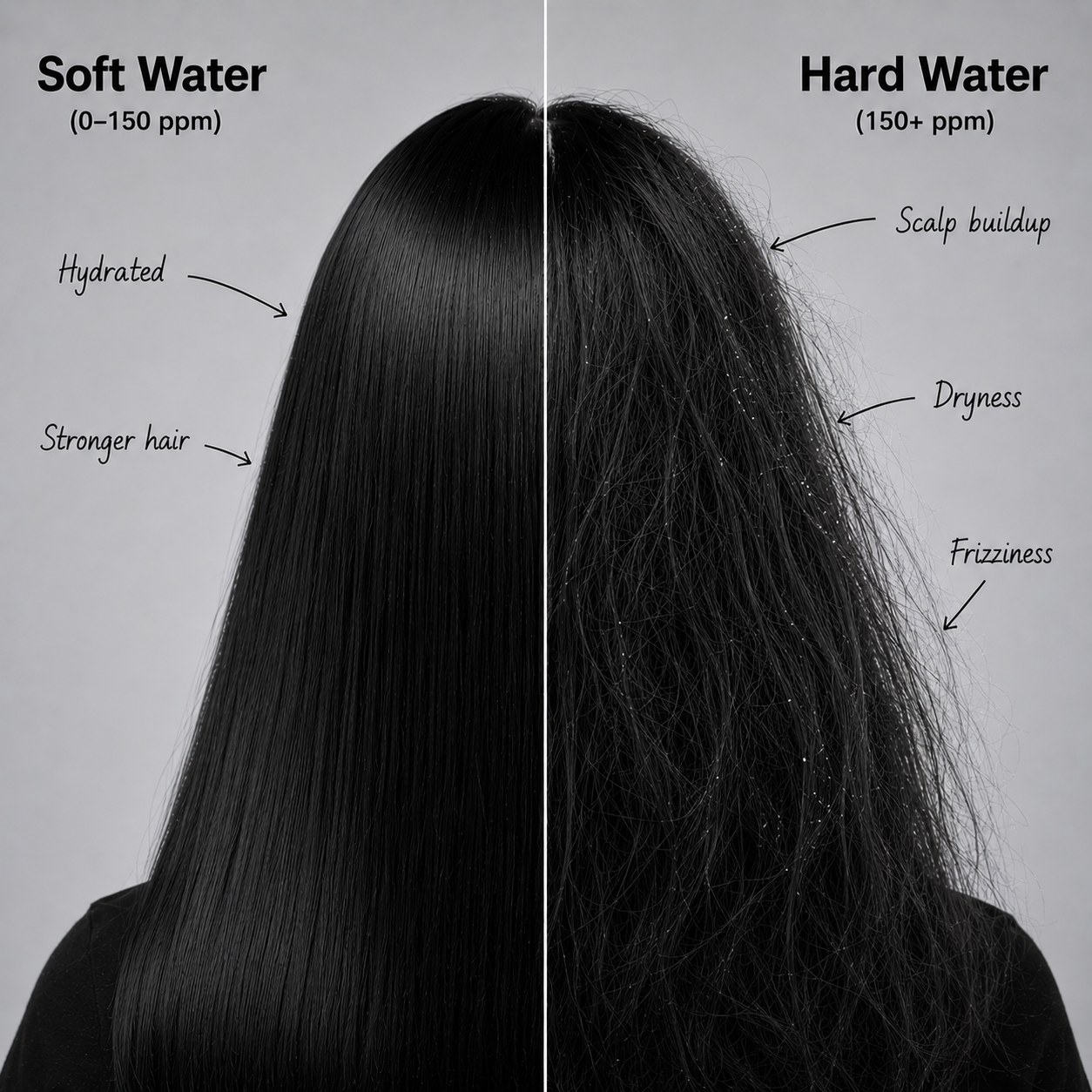 Hard water hair damage: scalp buildup, dryness and frizz