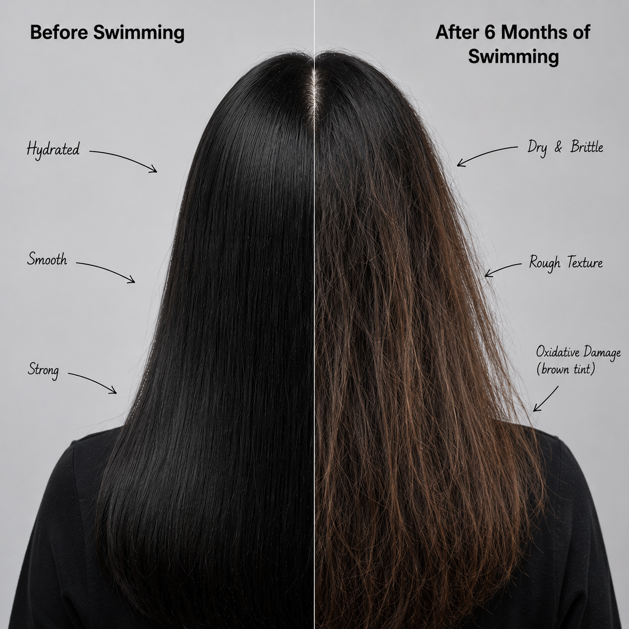 Chlorine hair damage from swimming: dryness, rough texture and oxidative damage